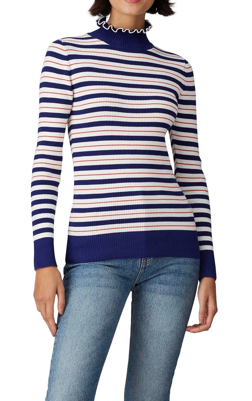 Scotch & Soda Womens L Blue White Rib Knit Ruffle Turtleneck Sweater